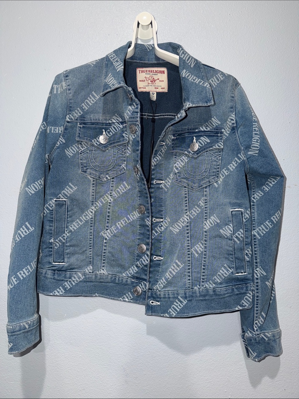 True Religion Denim Jacket in Faded Blue with Logo Print